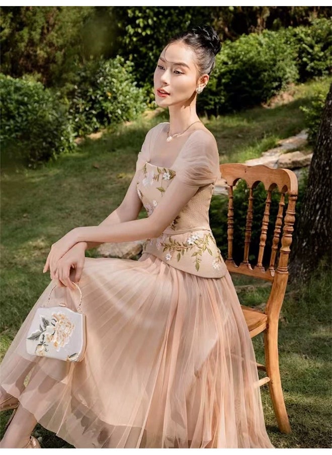 Elegant Mesh Dress with 3D Embroidery and Beaded Floral Details