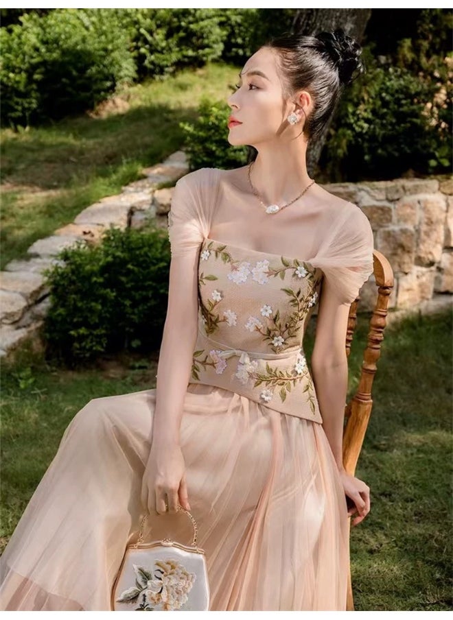 Elegant Mesh Dress with 3D Embroidery and Beaded Floral Details