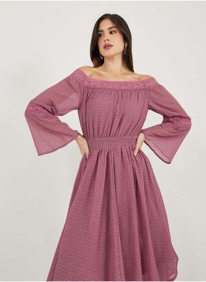 Ditsy Print Off Shoulder Lace Insert Midi Dress