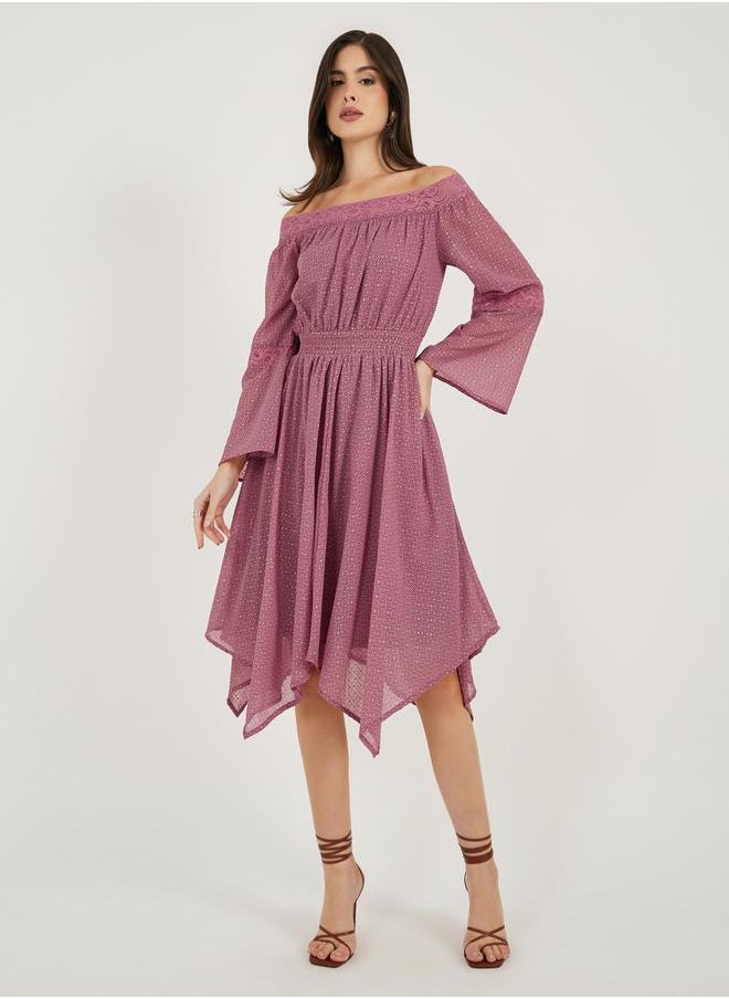 Ditsy Print Off Shoulder Lace Insert Midi Dress