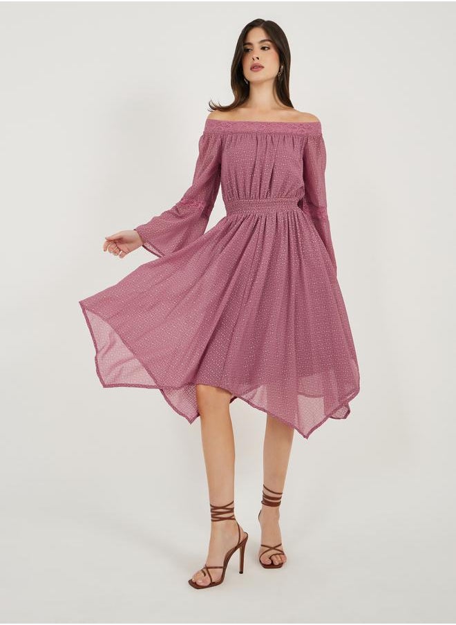 Ditsy Print Off Shoulder Lace Insert Midi Dress