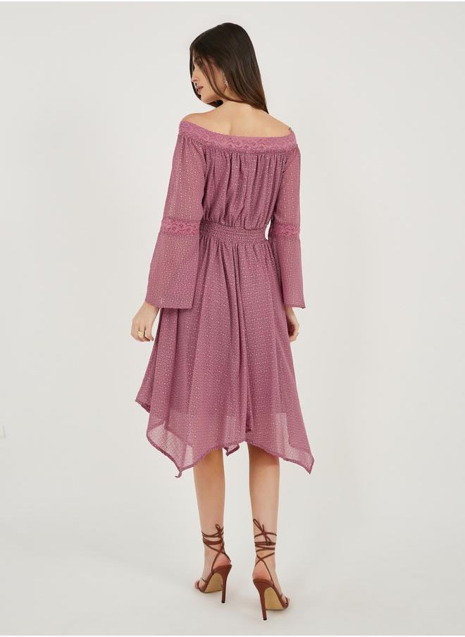 Ditsy Print Off Shoulder Lace Insert Midi Dress