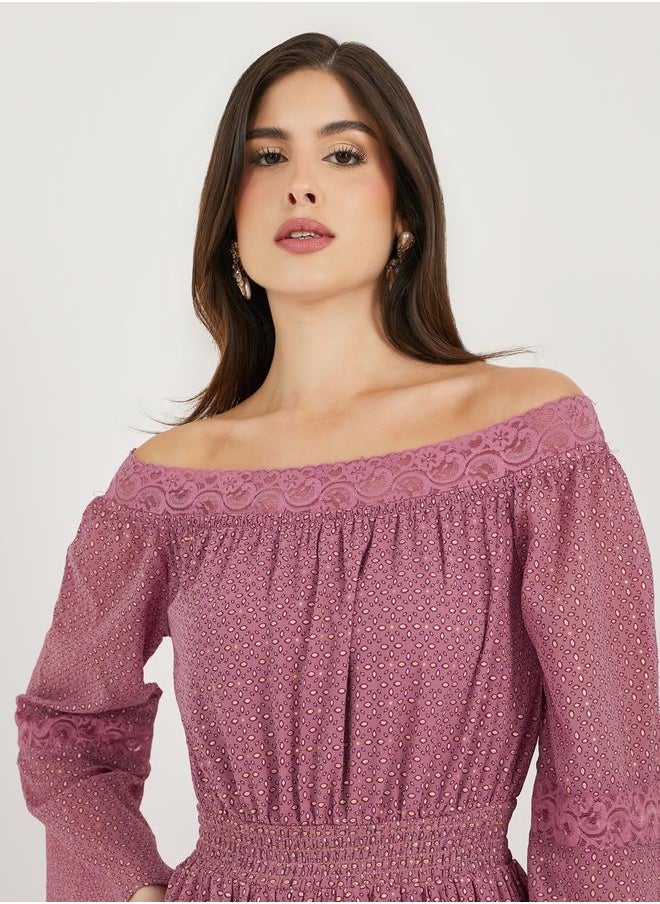 Ditsy Print Off Shoulder Lace Insert Midi Dress