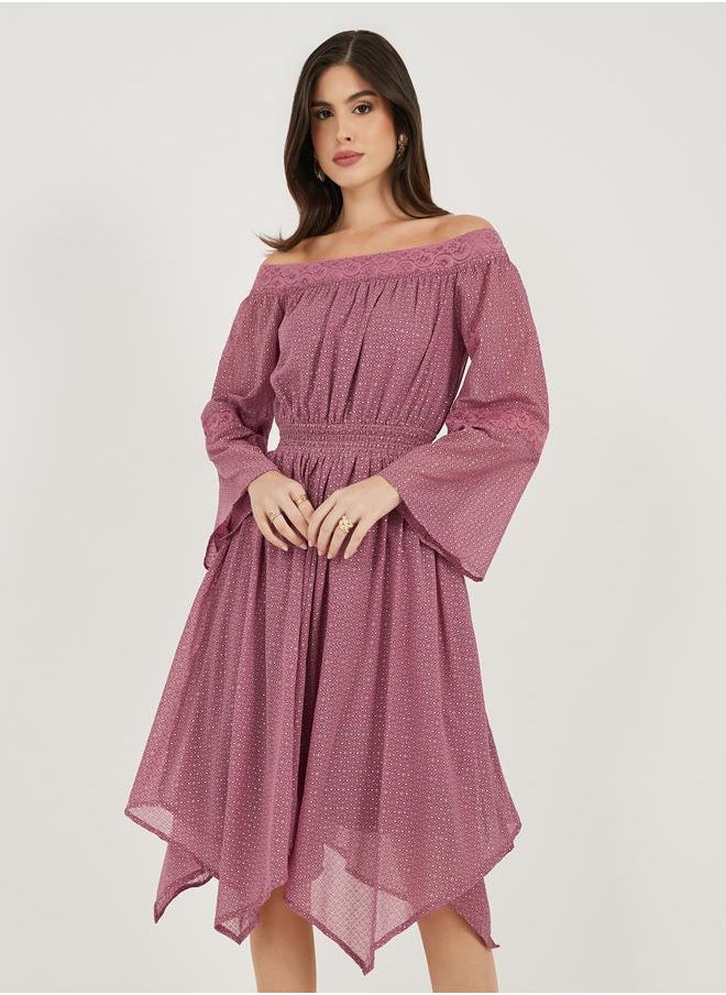 Ditsy Print Off Shoulder Lace Insert Midi Dress