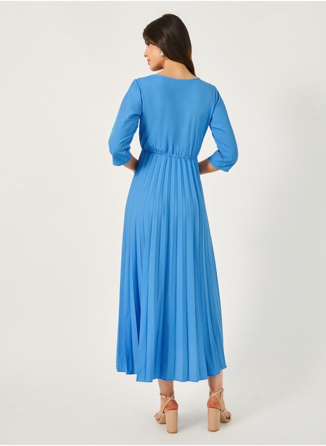 Solid Accordion Pleated A-Line Midi Dress