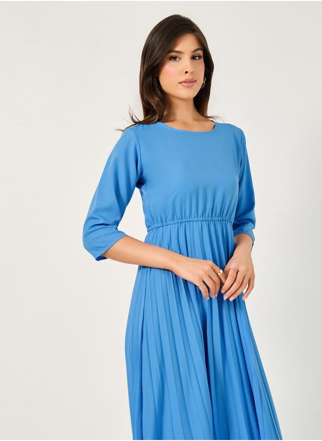 Solid Accordion Pleated A-Line Midi Dress