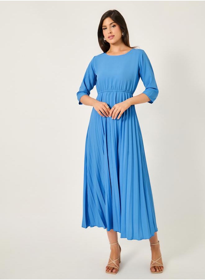 Solid Accordion Pleated A-Line Midi Dress