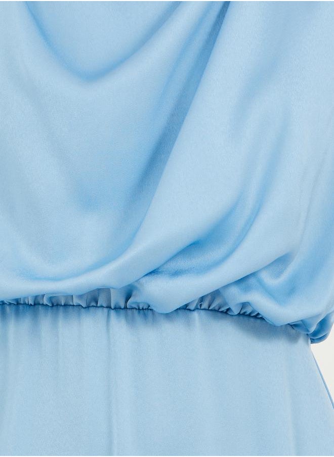 Satin Look Draped Cowl Neck Sheath Midi Dress