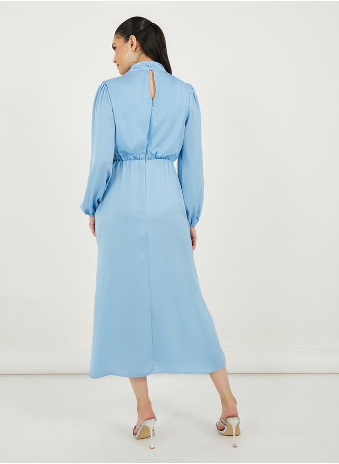 Satin Look Draped Cowl Neck Sheath Midi Dress