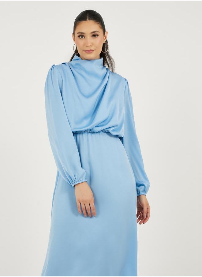Satin Look Draped Cowl Neck Sheath Midi Dress