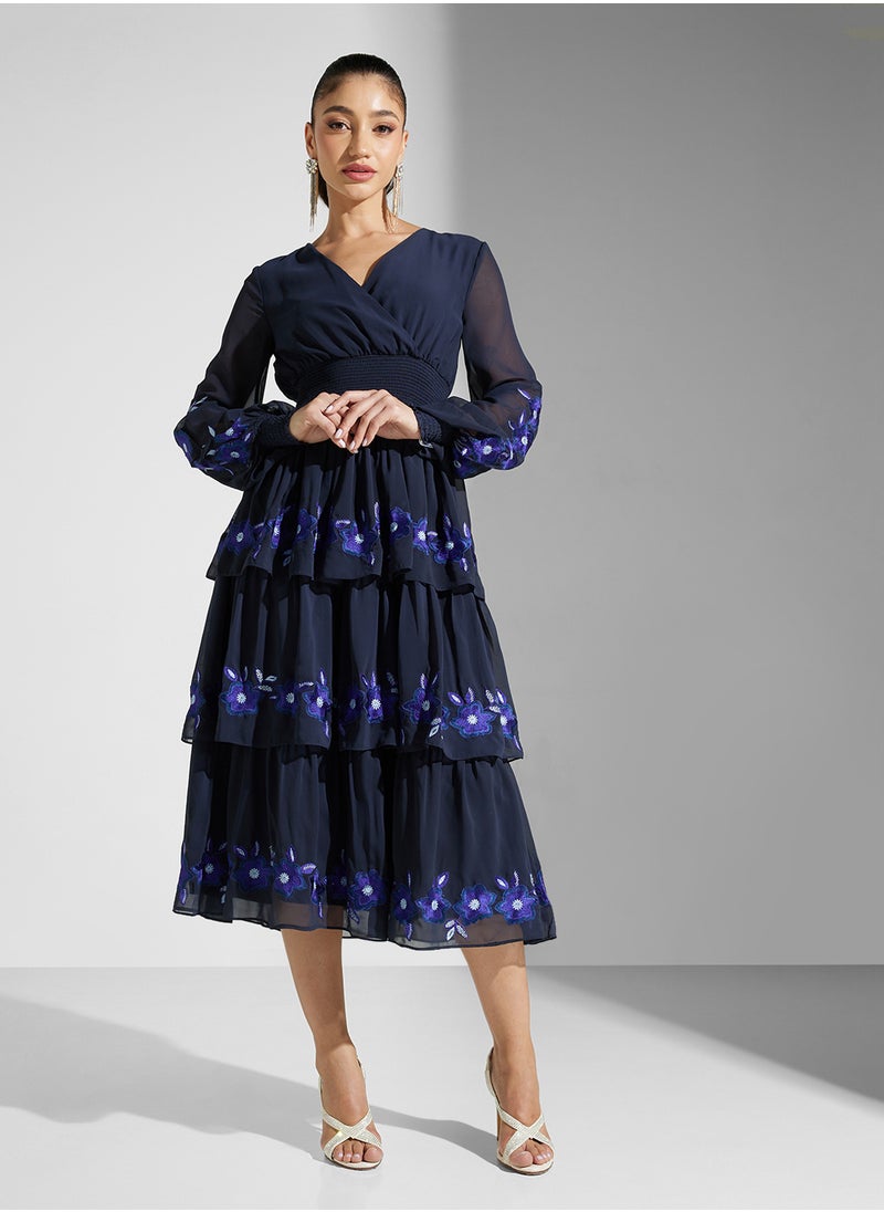 Embellished Ruffles Midi Dress