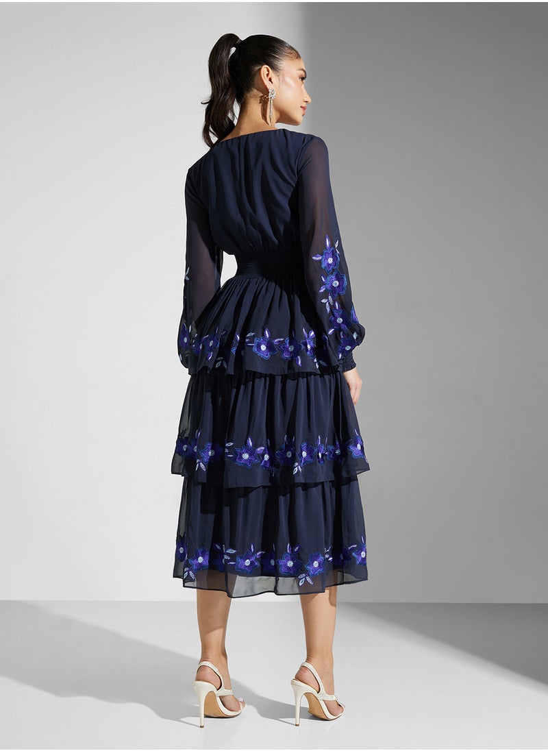 Embellished Ruffles Midi Dress