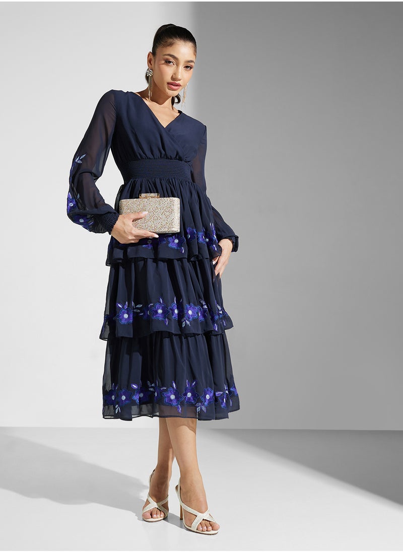 Embellished Ruffles Midi Dress