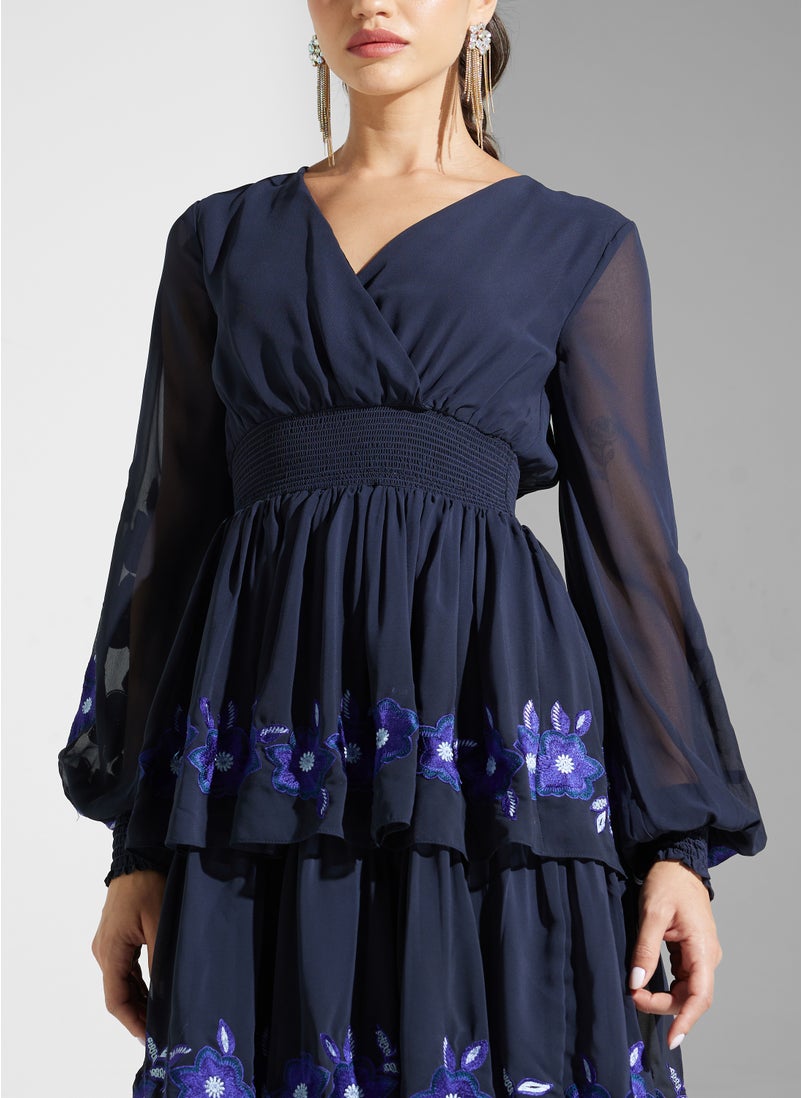 Embellished Ruffles Midi Dress