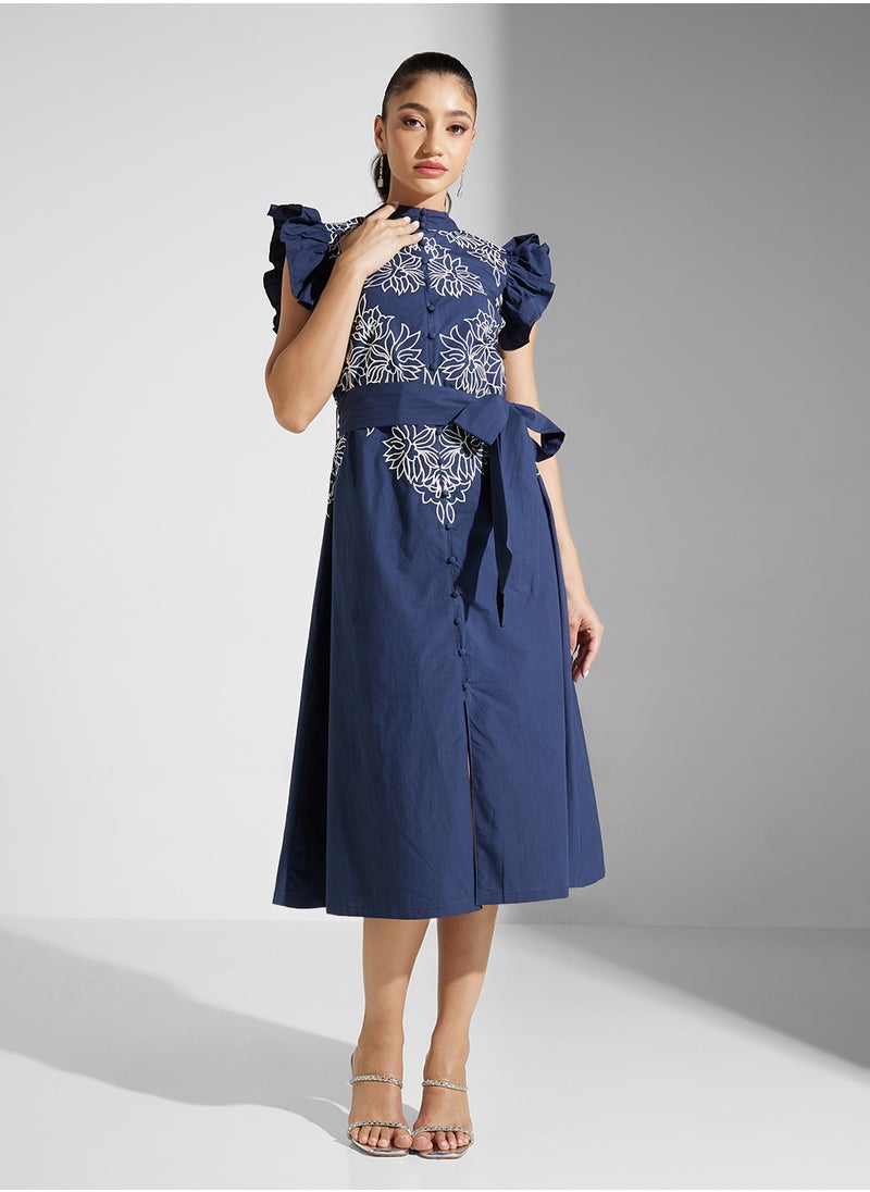 Embellished Ruffles Midi Dress