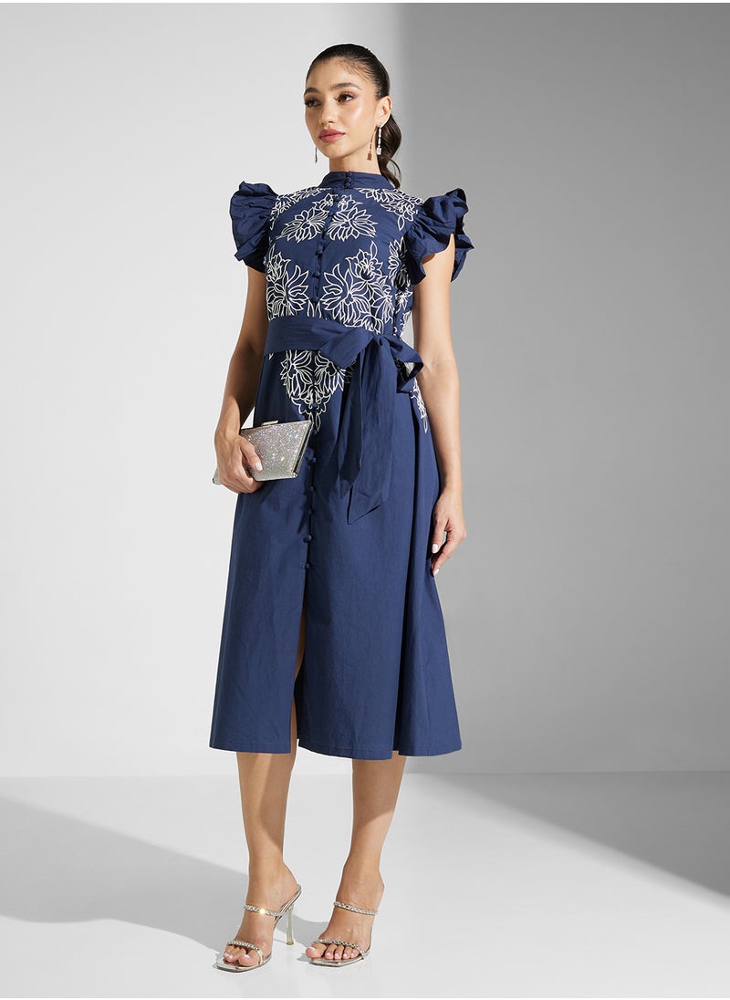 Embellished Ruffles Midi Dress