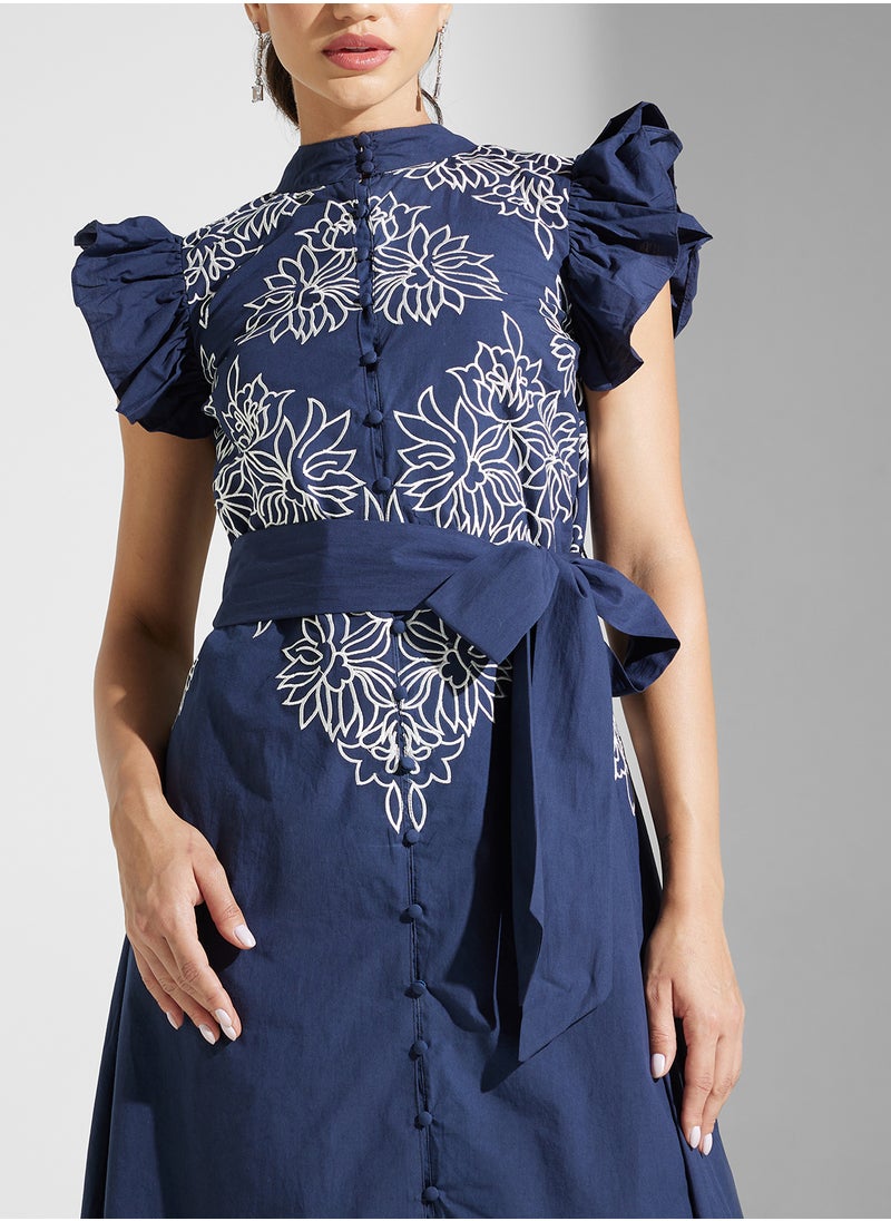 Embellished Ruffles Midi Dress