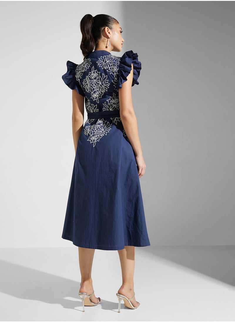 Embellished Ruffles Midi Dress