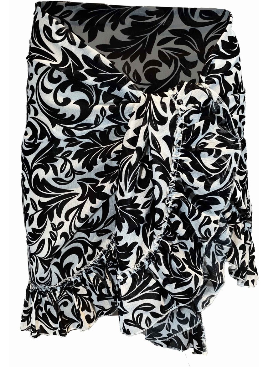 Frida Black and White Floral Pattern Short Ruffle Pareo