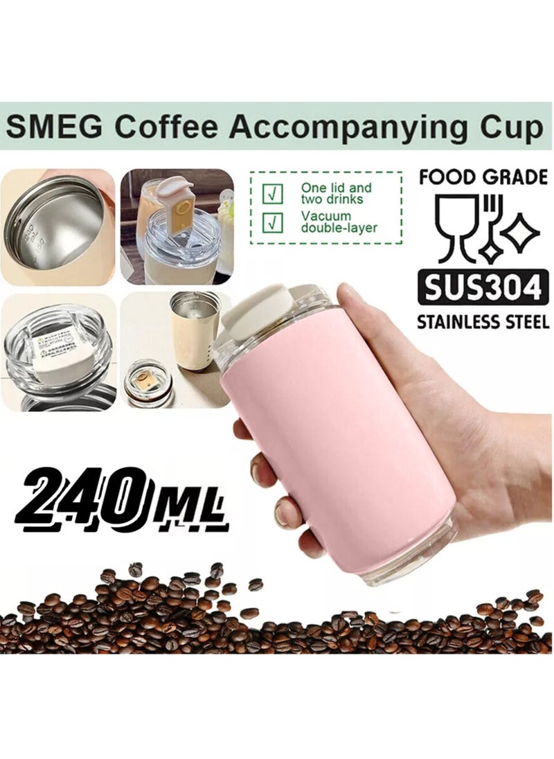Travel Coffee Mug, 240ml Insulated Beverage Cup With Leakproof Lid, Long Lasting Coffee Tumbler With Lid And Straw, Travel Coffee Thermos Pink