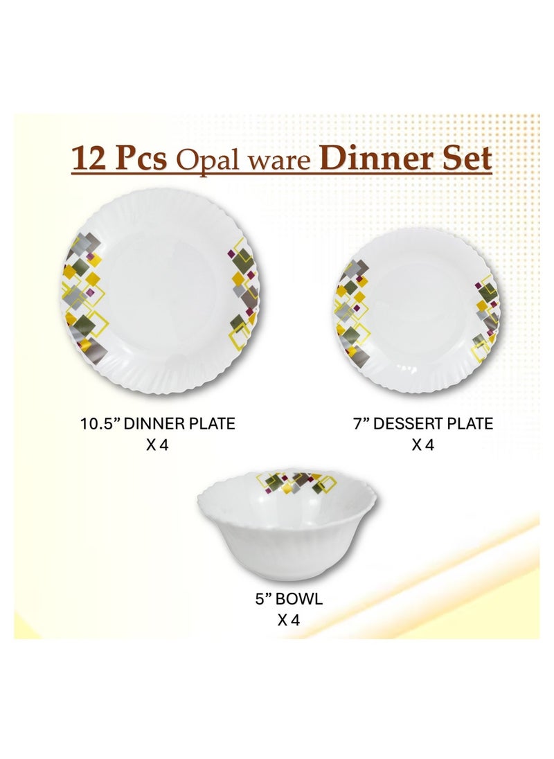 Melrich 12 Pcs Opal ware Dinnerware set 4 x Dinner plate 4 x Dessert Plates 4 x Bowls Dishwasher Microwave safe Scratch Resistant