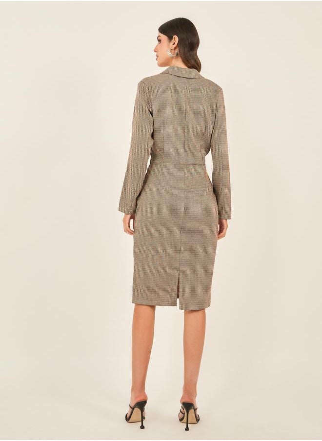 Houndstooth Wrap Blazer Knee Length Dress with Buckle Detail