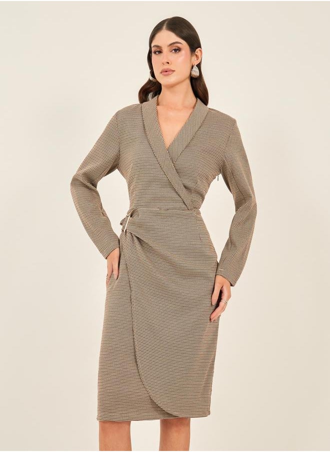 Houndstooth Wrap Blazer Knee Length Dress with Buckle Detail