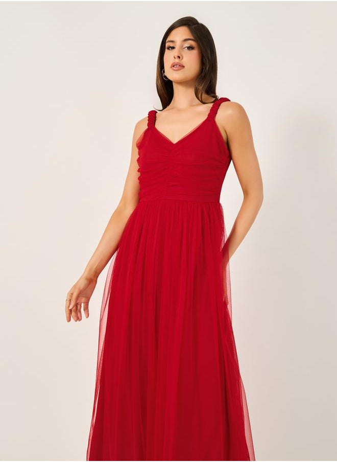 Mesh Insert Strappy Maxi Dress with Gathered Detail