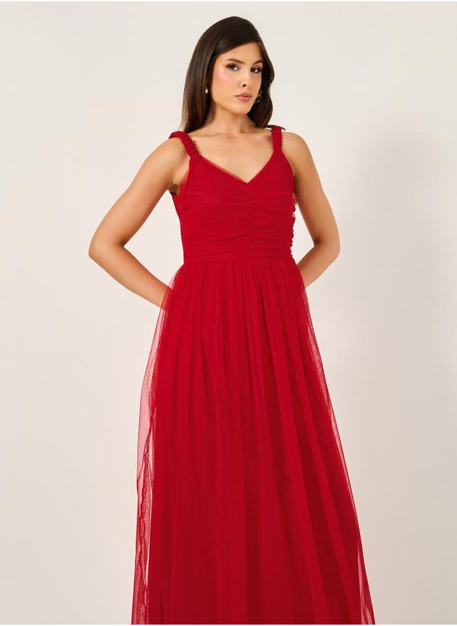 Mesh Insert Strappy Maxi Dress with Gathered Detail