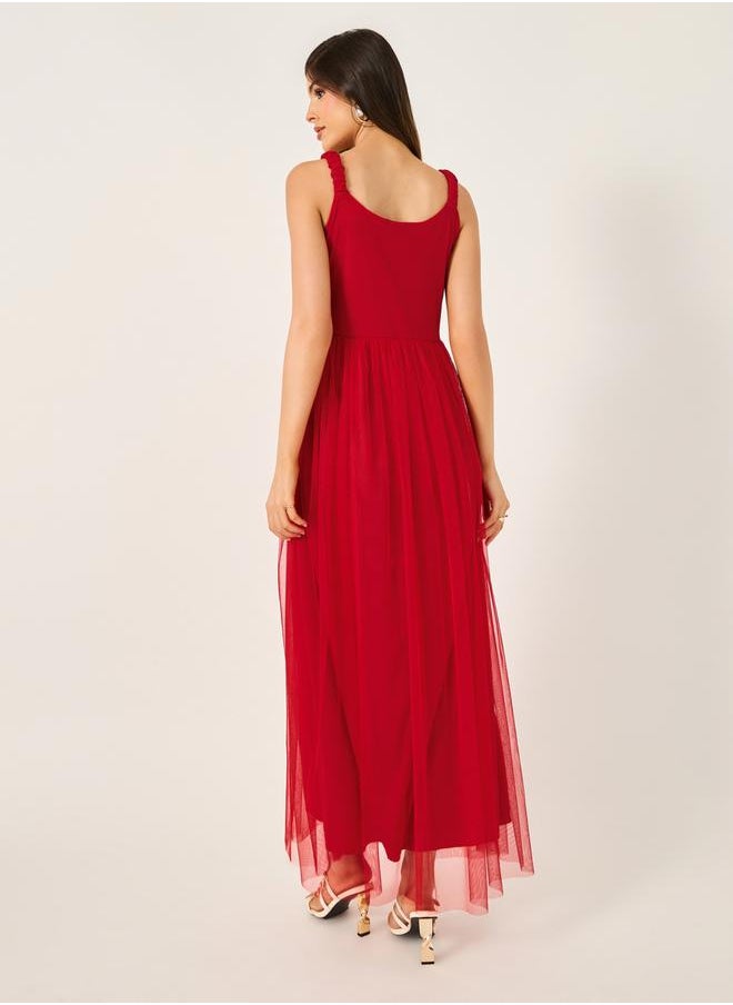 Mesh Insert Strappy Maxi Dress with Gathered Detail