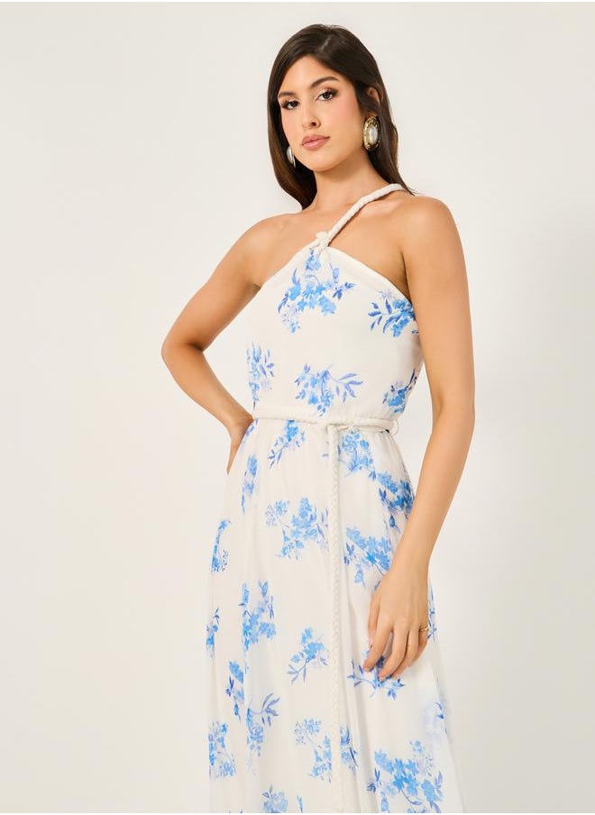 All-Over Floral Print Braid Detail A-Line Maxi Dress