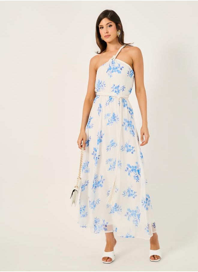 All-Over Floral Print Braid Detail A-Line Maxi Dress