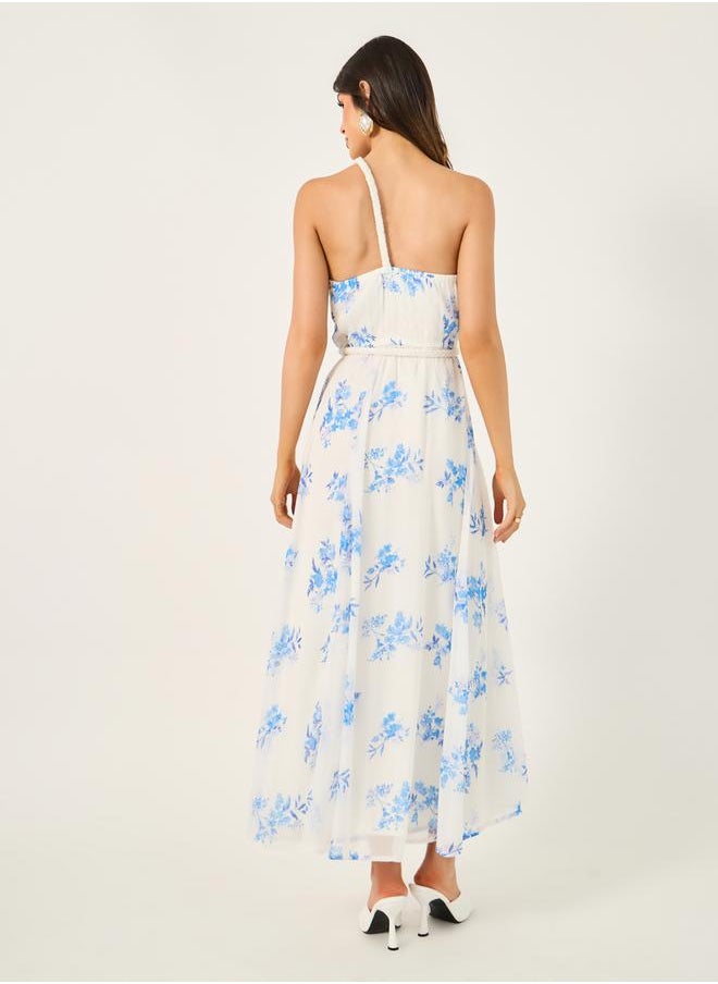 All-Over Floral Print Braid Detail A-Line Maxi Dress