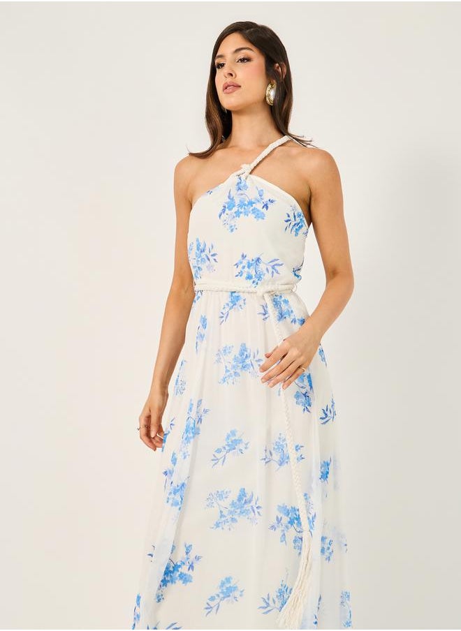 All-Over Floral Print Braid Detail A-Line Maxi Dress