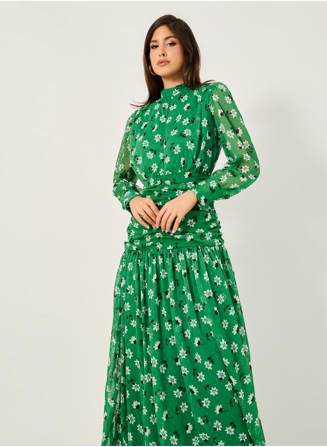 All Over Print High Neck A-Line Maxi Dress