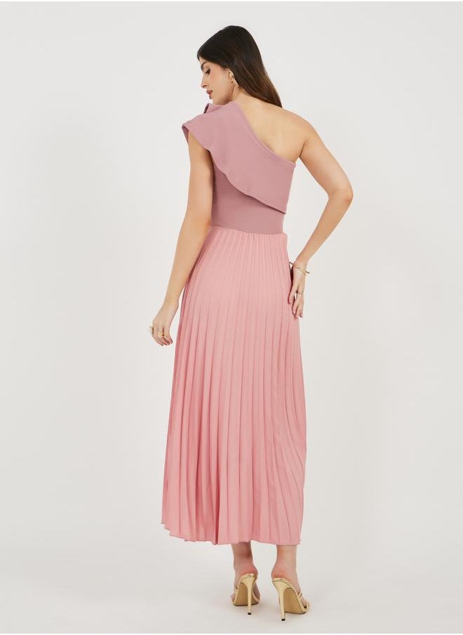 Pleated Detail Ruffled One Shoulder Maxi Dress