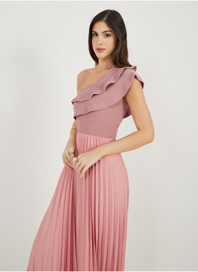 Pleated Detail Ruffled One Shoulder Maxi Dress