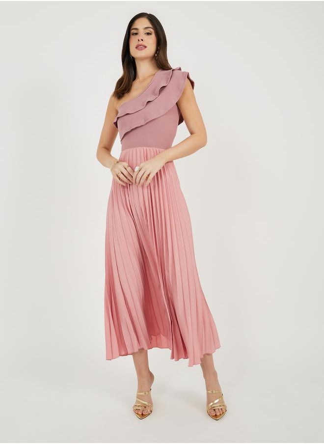 Pleated Detail Ruffled One Shoulder Maxi Dress