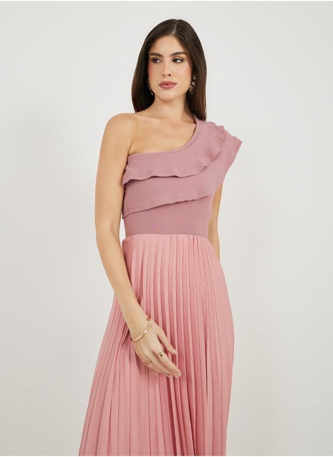 Pleated Detail Ruffled One Shoulder Maxi Dress