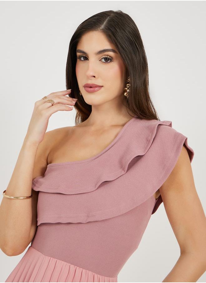 Pleated Detail Ruffled One Shoulder Maxi Dress