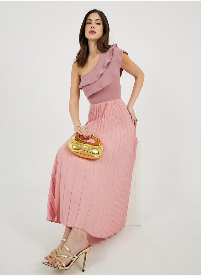 Pleated Detail Ruffled One Shoulder Maxi Dress