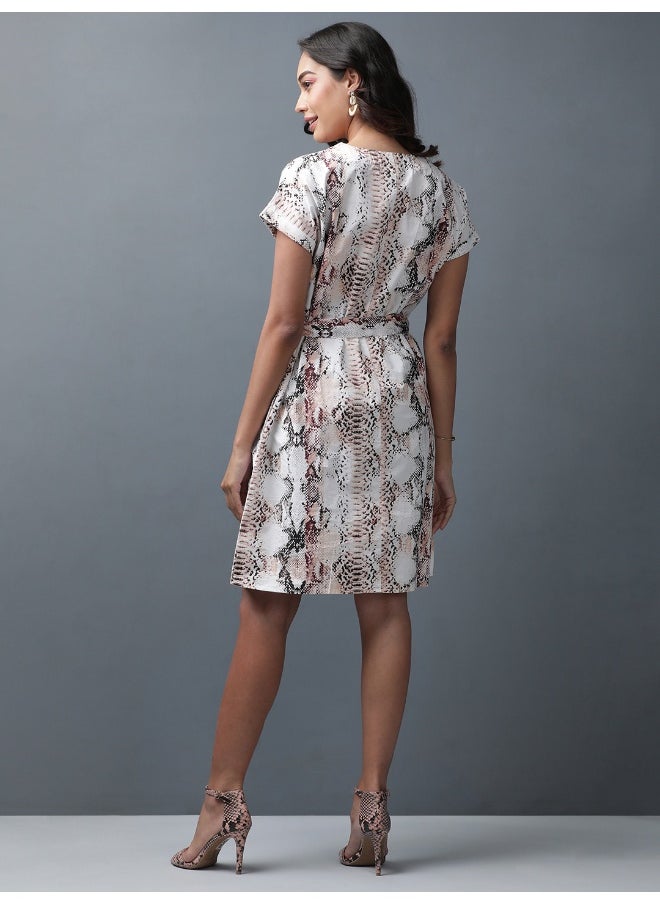 Women Casual Straight Animal Printed V-Neck Mid Dress