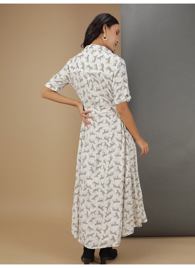 Women Casual A-Line Animal Printed Collared Neck Longlength Long Dress