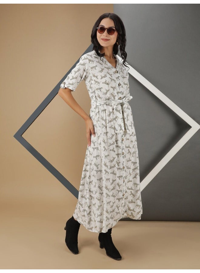 Women Casual A-Line Animal Printed Collared Neck Longlength Long Dress