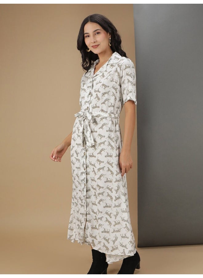 Women Casual A-Line Animal Printed Collared Neck Longlength Long Dress