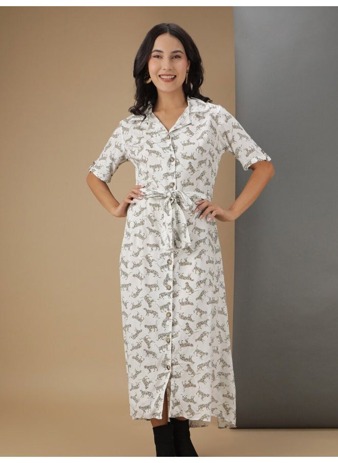 Women Casual A-Line Animal Printed Collared Neck Longlength Long Dress