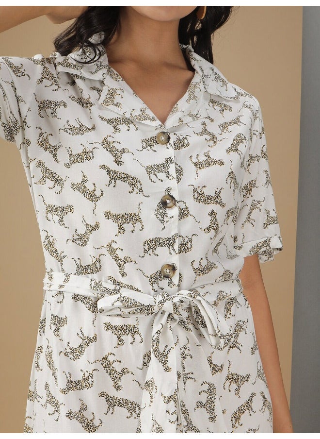 Women Casual A-Line Animal Printed Collared Neck Longlength Long Dress