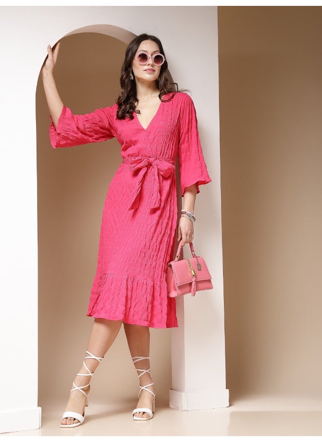 Women Casual Fit And Flare Solid Plain V-Neck Below Knee Wrap Midi Dress