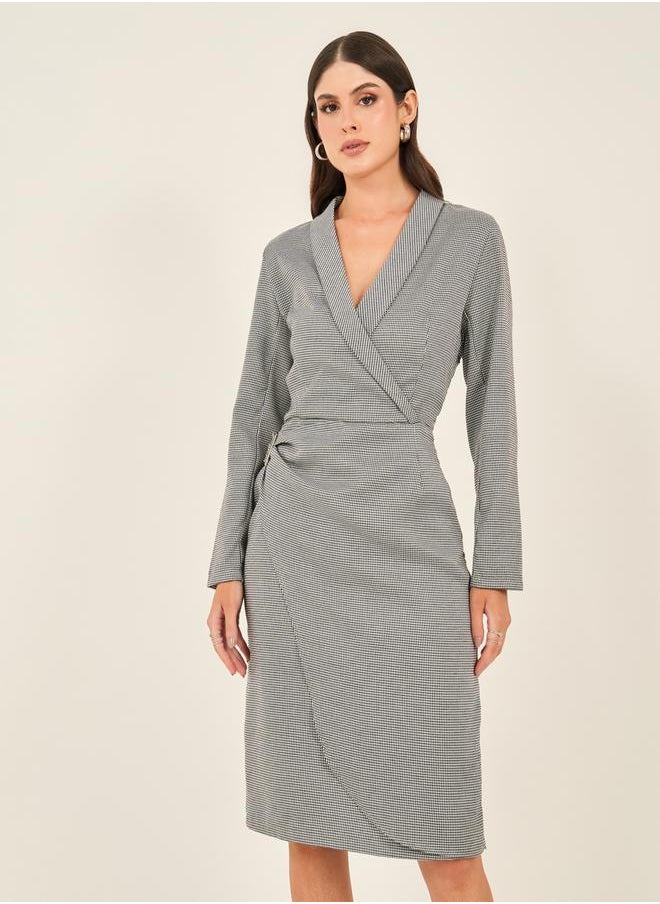 Houndstooth Wrap Blazer Knee Length Dress with Buckle Detail