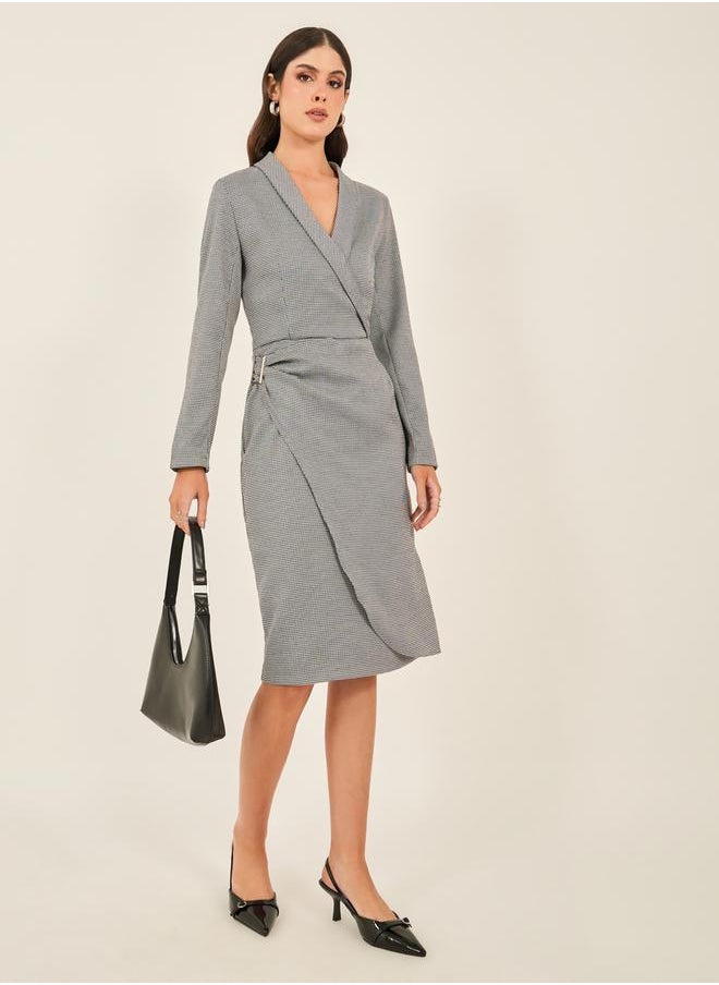 Houndstooth Wrap Blazer Knee Length Dress with Buckle Detail